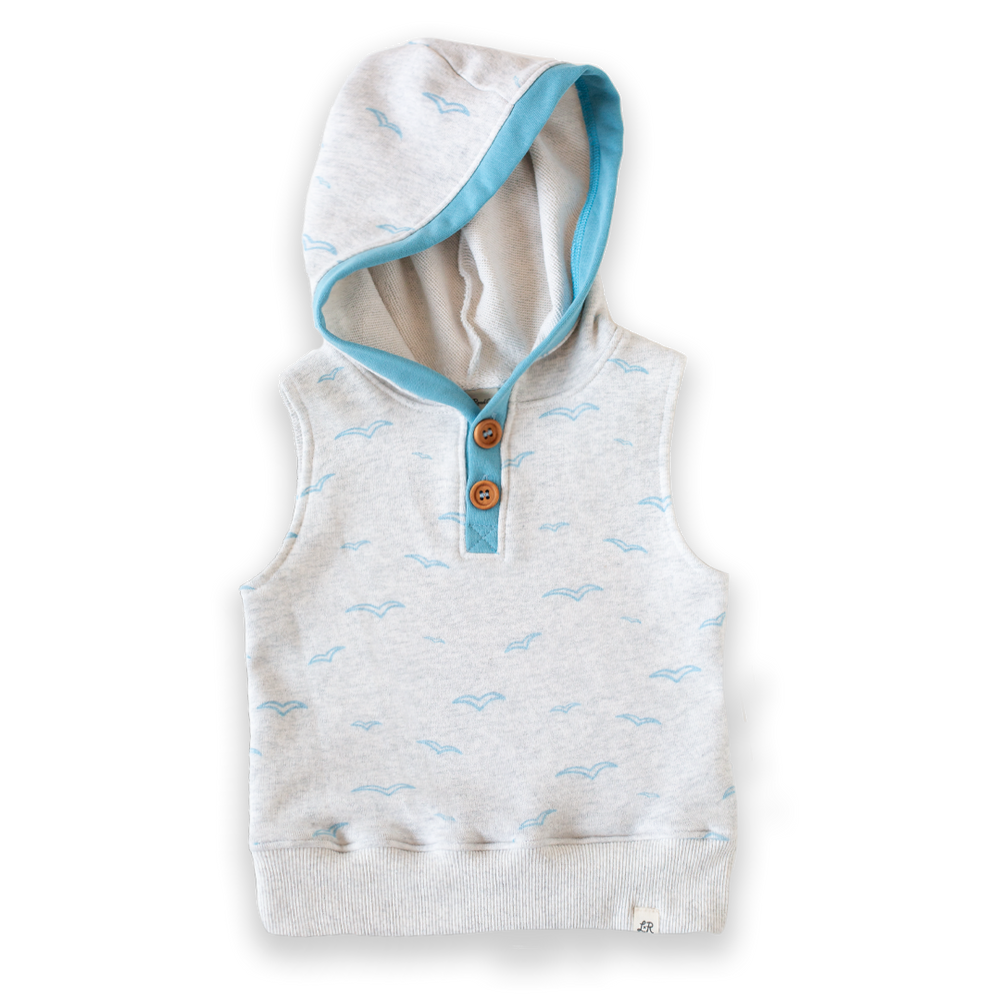 Seagull Print Sleeveless Button Hoodie