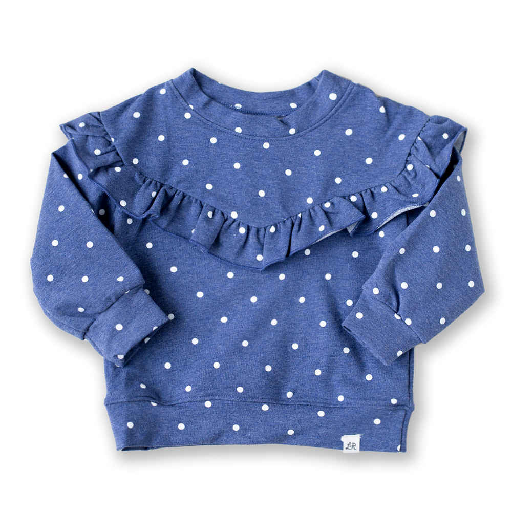 Denim Dot Drop Shoulder Ruffle Sweater