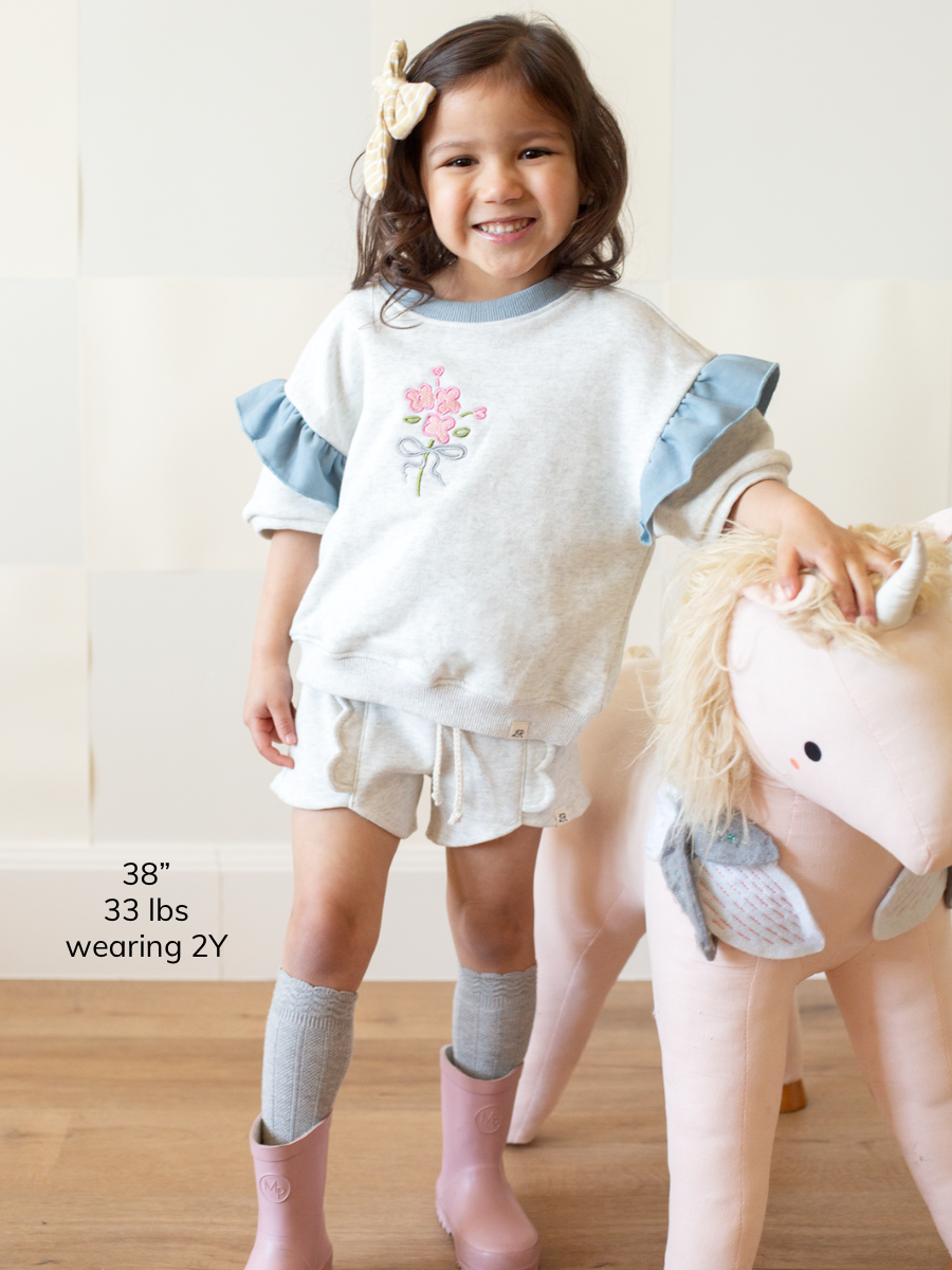 Bouquet Short Sleeve Ruffle Drop Shoulder Crewneck