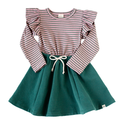 Sugarplum Stripe and Leaf Long Sleeve Flutter Dress