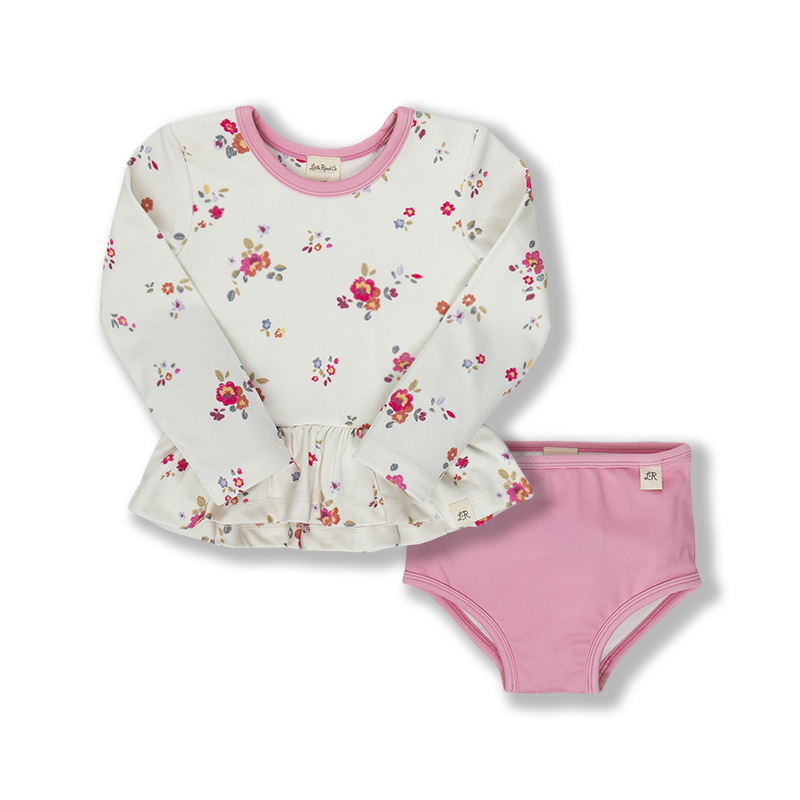 Retro Floral & Flamingo Pink Girl's Swim Set