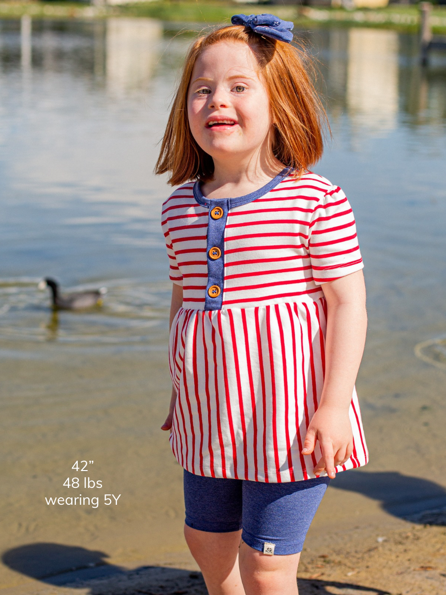 Valor Stripe and Denim Short Sleeve Button Peplum