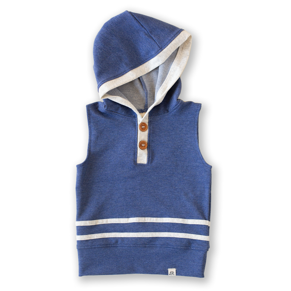 Denim and Heathered Cream Sleeveless Button Hoodie