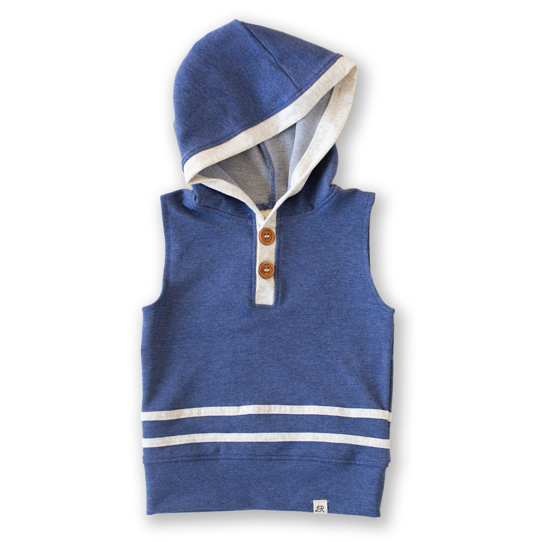 Denim and Heathered Cream Sleeveless Button Hoodie