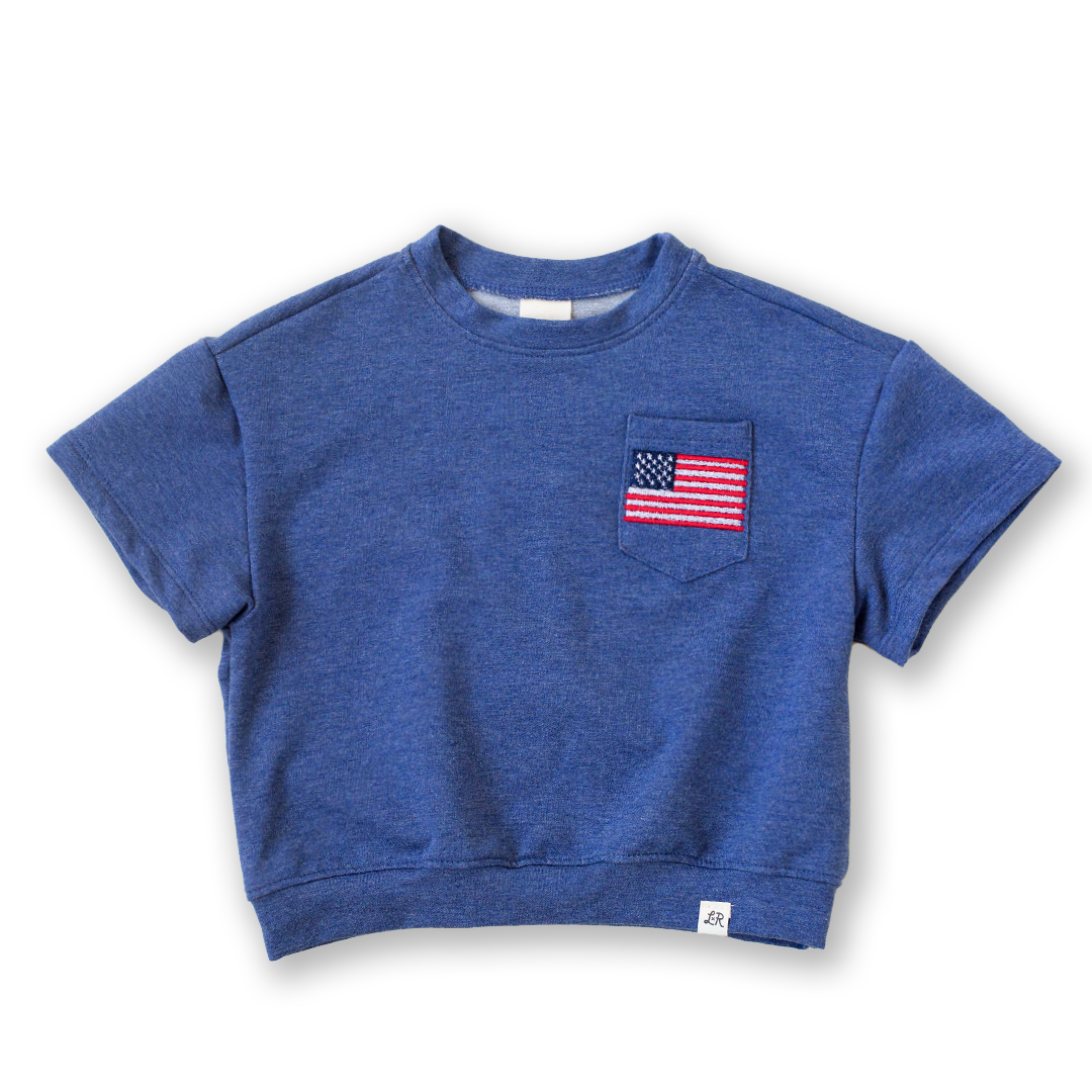 Denim Embroidered Flag Short Sleeve Drop Shoulder Crew