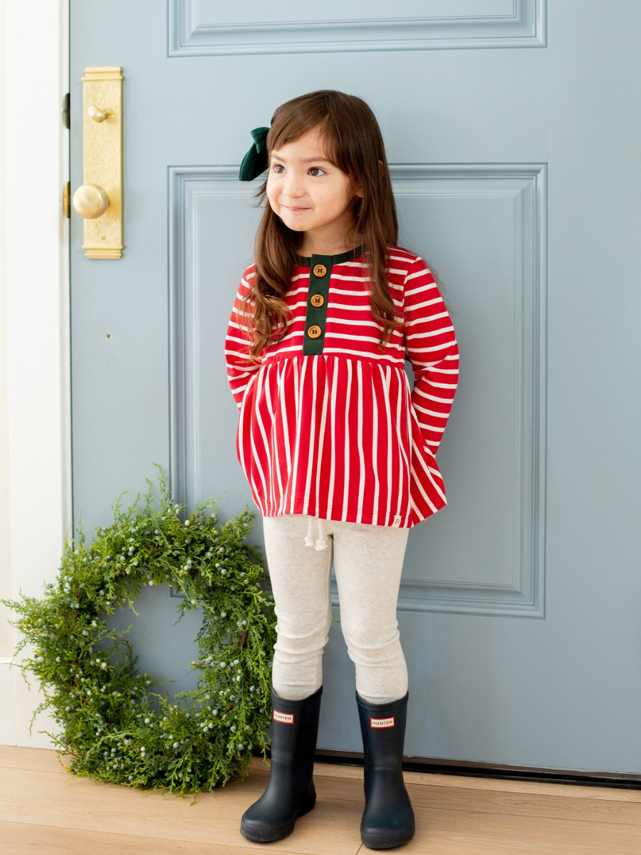 Candy Cane Stripe and Evergreen Long Sleeve Button Peplum