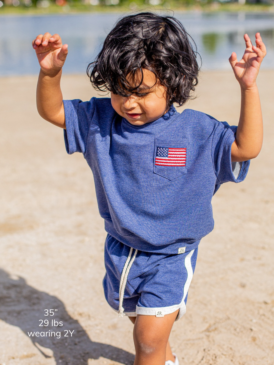 Denim Embroidered Flag Short Sleeve Drop Shoulder Crew