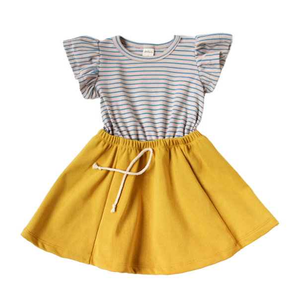 Misty Stripe and Bumblebee Flutter Sleeve Dress