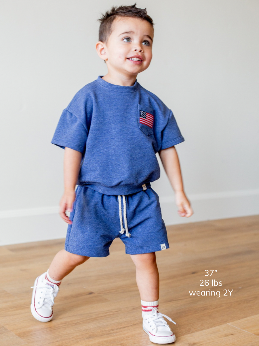 Denim Embroidered Flag Short Sleeve Drop Shoulder Crew