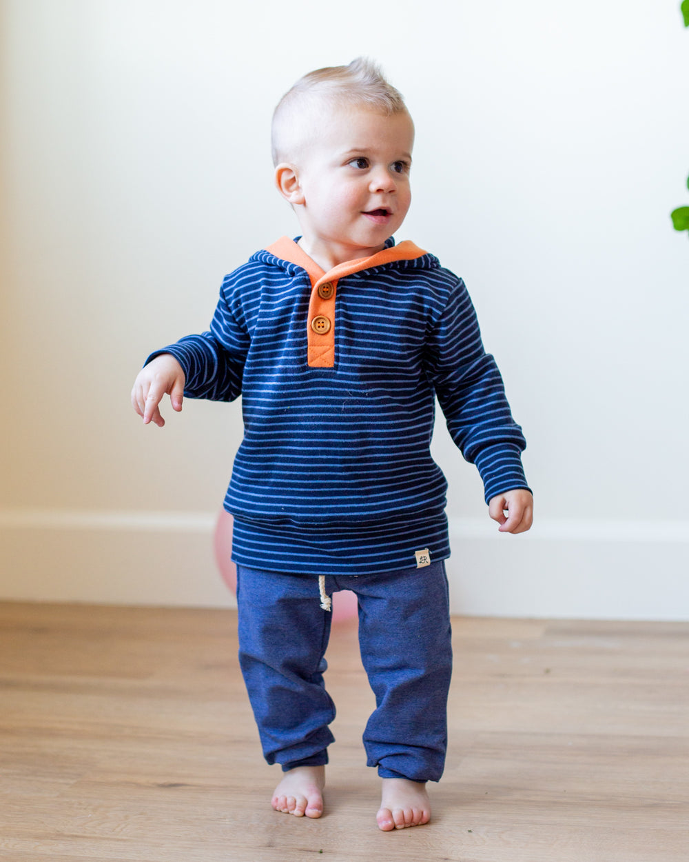 Deep Blue Stripe and Clementine Button Hoodie