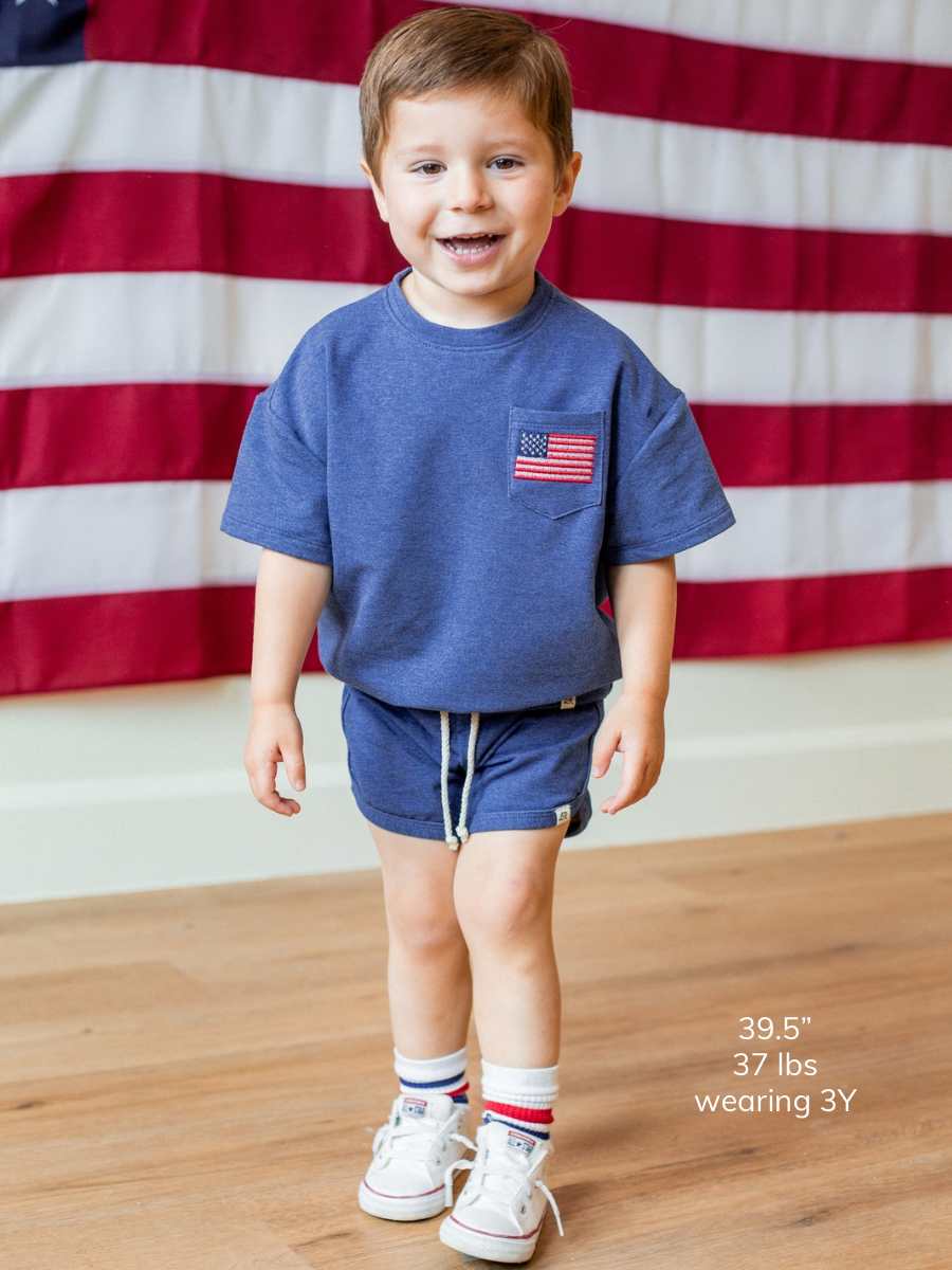Denim Embroidered Flag Short Sleeve Drop Shoulder Crew