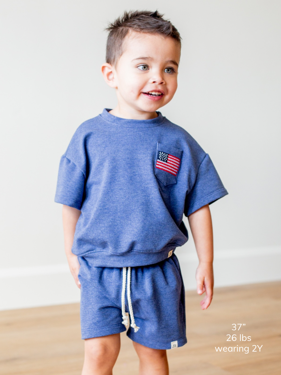 Denim Embroidered Flag Short Sleeve Drop Shoulder Crew
