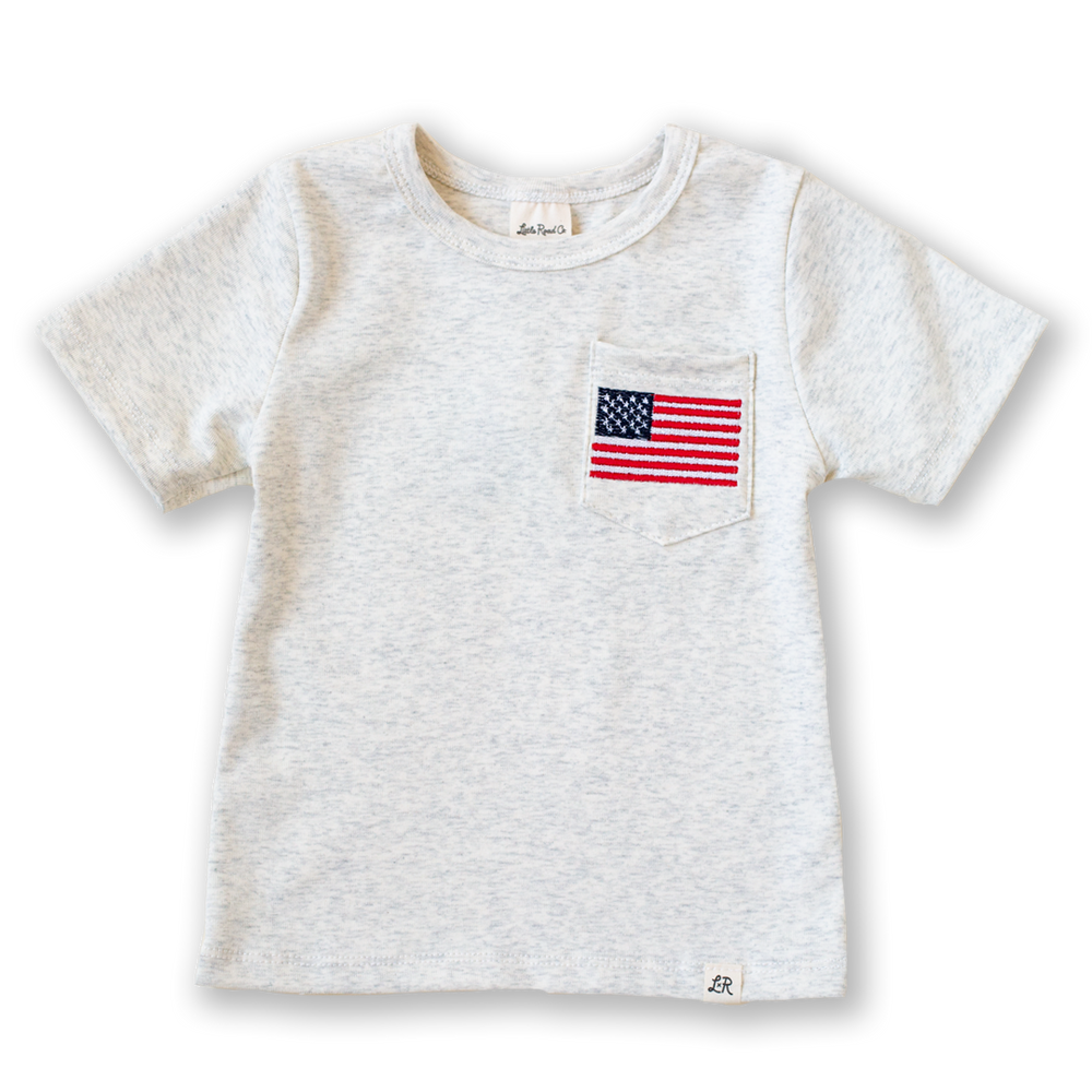 Heathered Cream Embroidered Flag Short Sleeve Pocket Shirt