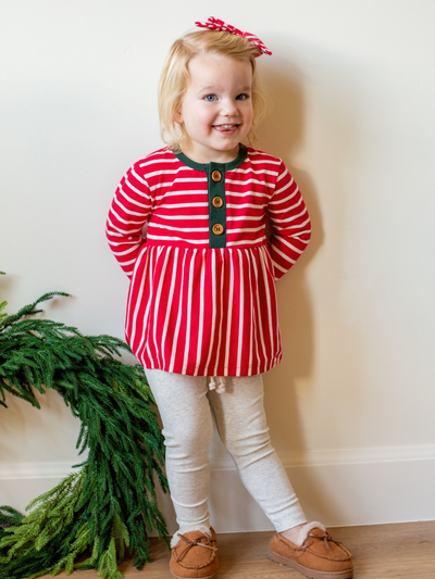 Candy Cane Stripe and Evergreen Long Sleeve Button Peplum