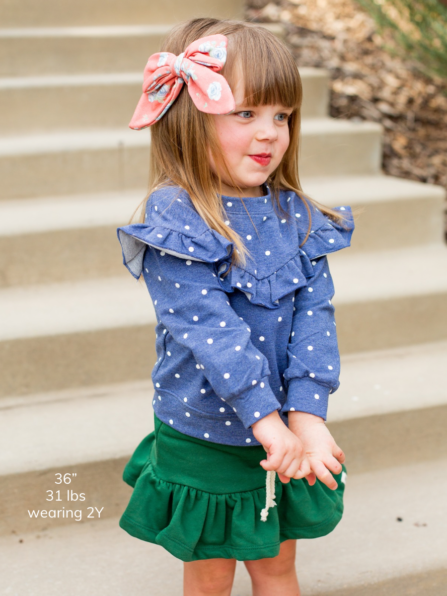 Denim Dot Drop Shoulder Ruffle Sweater