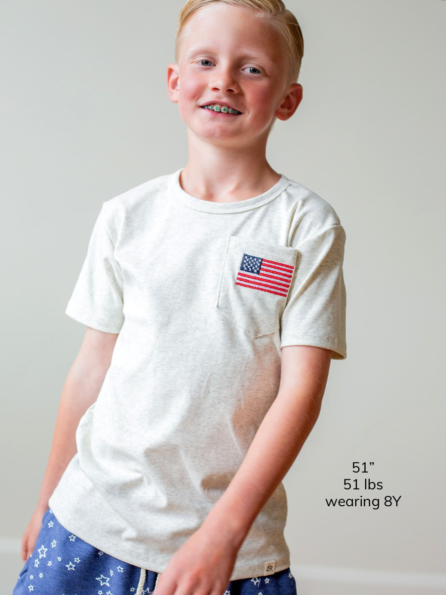 Heathered Cream Embroidered Flag Short Sleeve Pocket Shirt