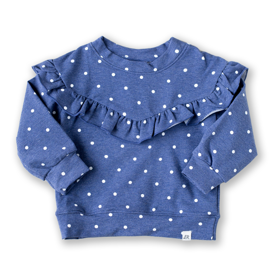 Denim Dot Drop Shoulder Ruffle Sweater