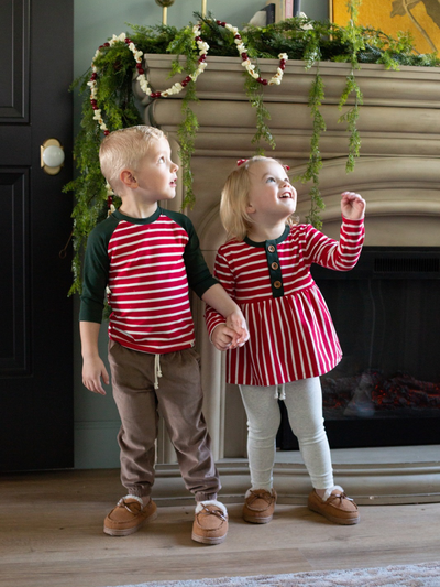 Candy Cane Stripe and Evergreen Long Sleeve Button Peplum