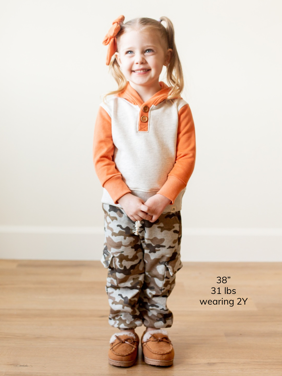Clementine and Heathered Cream Button Hoodie