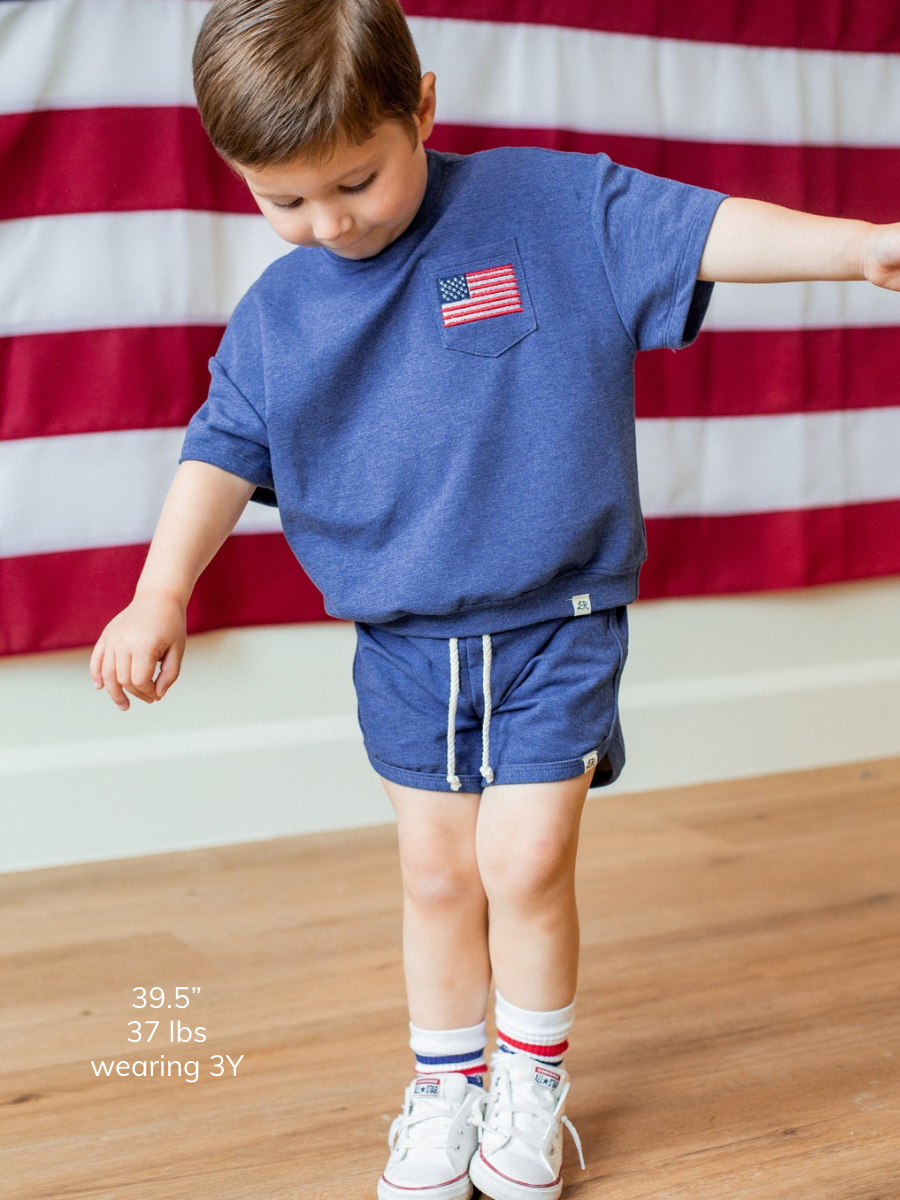 Denim Embroidered Flag Short Sleeve Drop Shoulder Crew