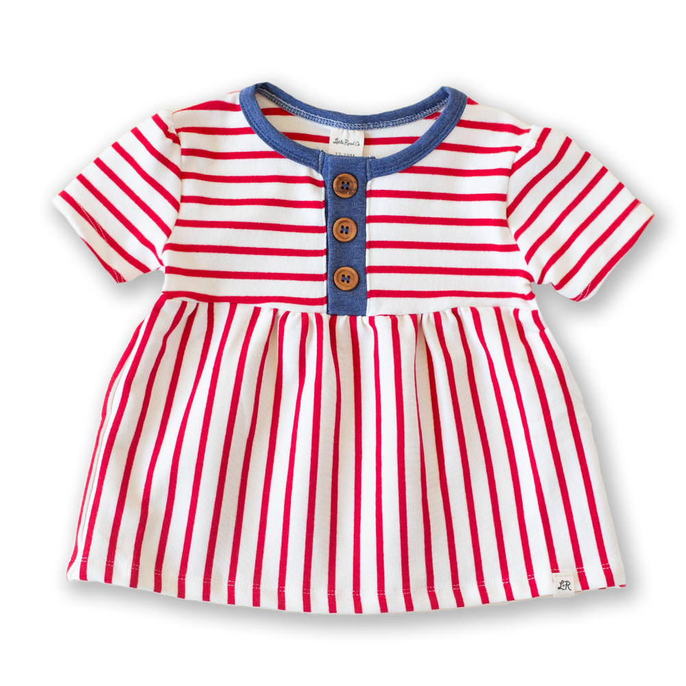 Valor Stripe and Denim Short Sleeve Button Peplum