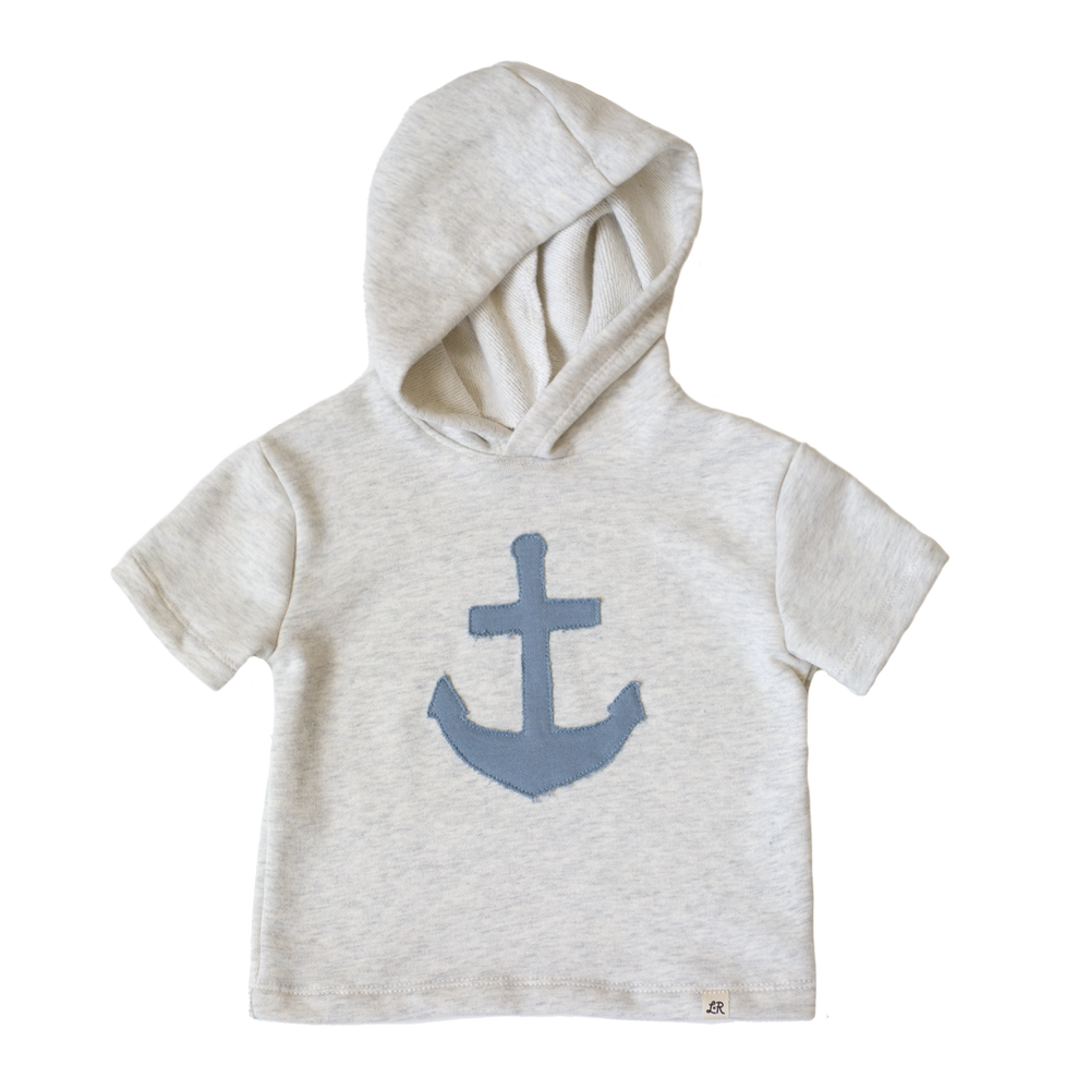 Heathered Cream Short Sleeve Anchor Patch Hoodie