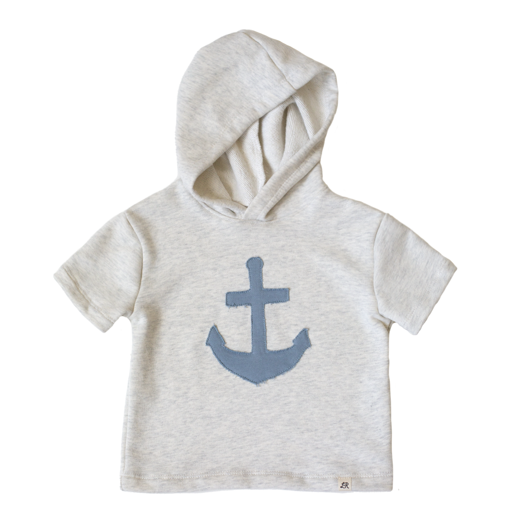 Heathered Cream Short Sleeve Anchor Patch Hoodie