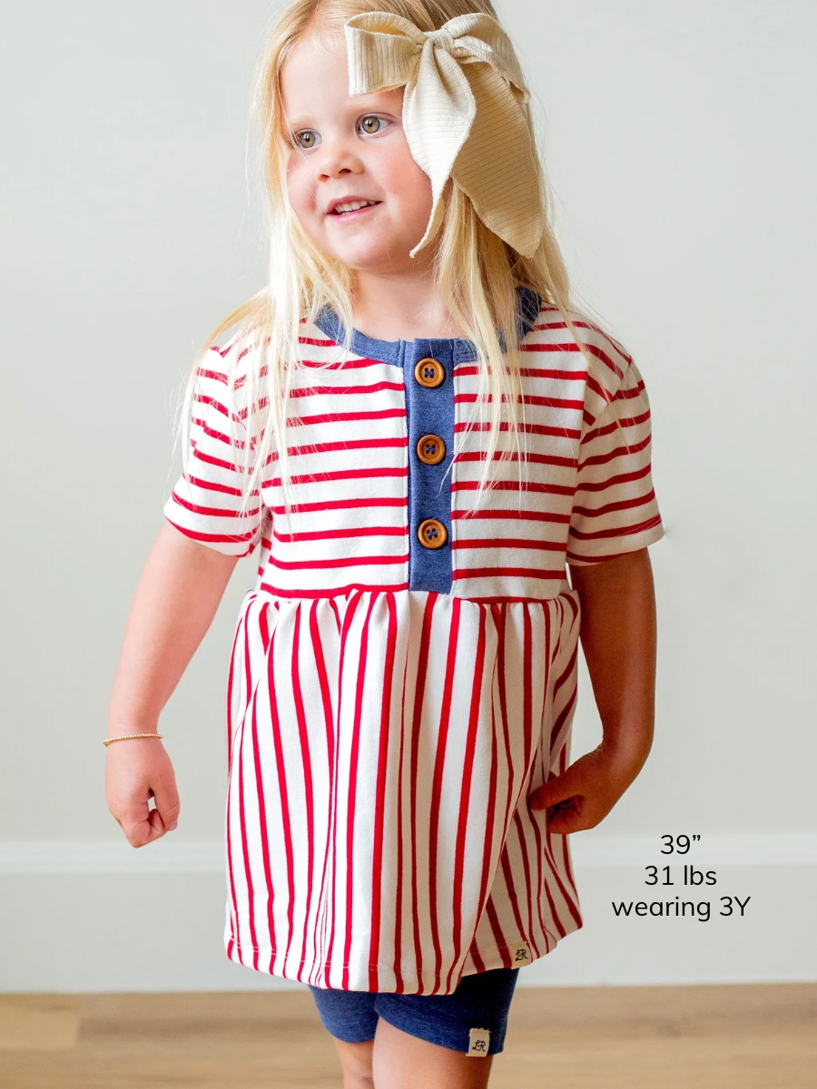 Valor Stripe and Denim Short Sleeve Button Peplum