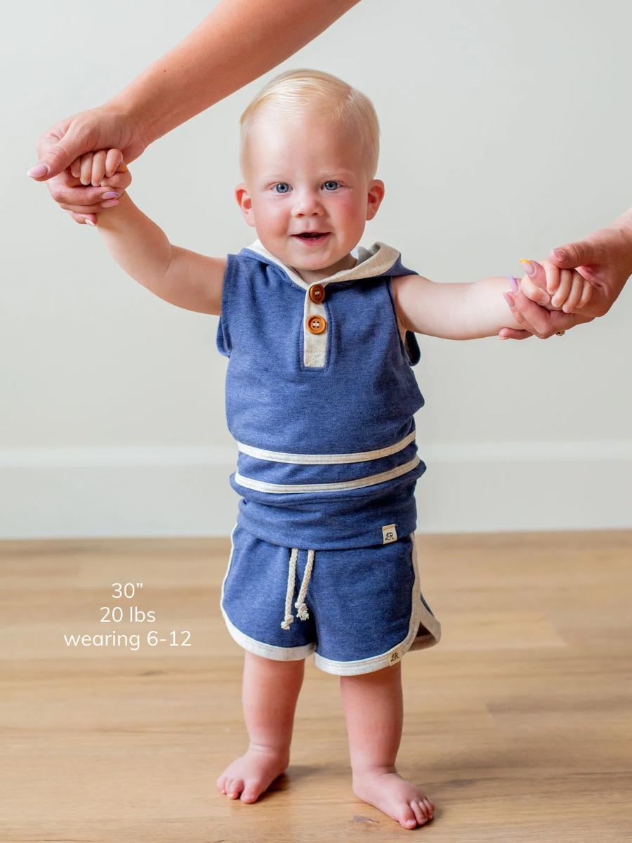 Denim and Heathered Cream Sleeveless Button Hoodie