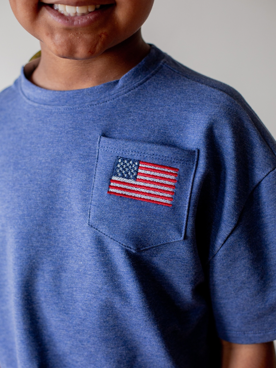 Denim Embroidered Flag Short Sleeve Drop Shoulder Crew
