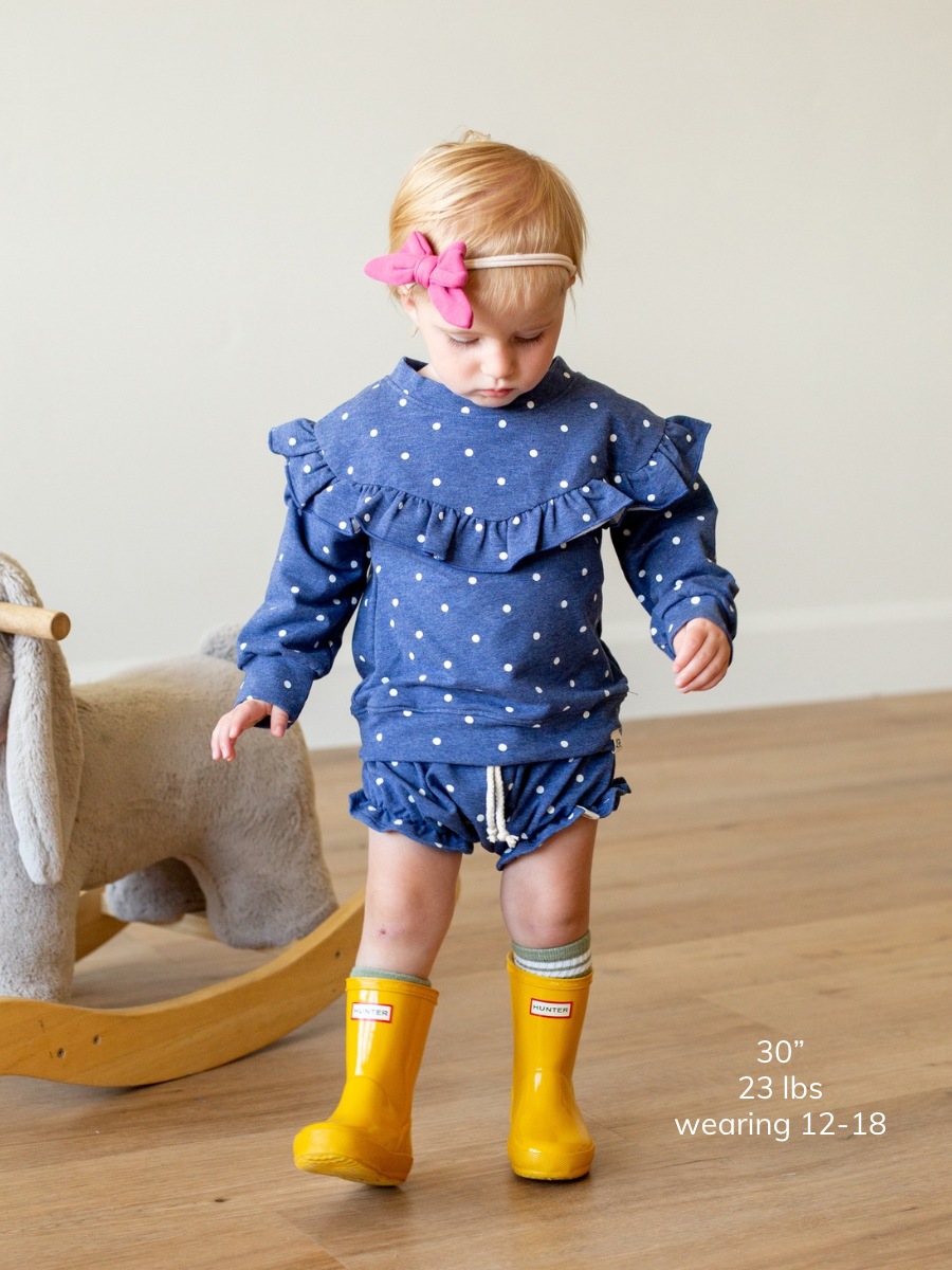 Denim Dot Drop Shoulder Ruffle Sweater