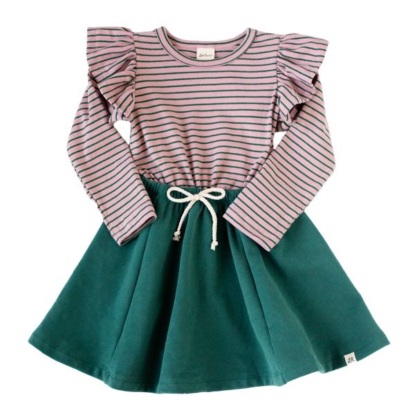 Sugarplum Stripe and Leaf Long Sleeve Flutter Dress