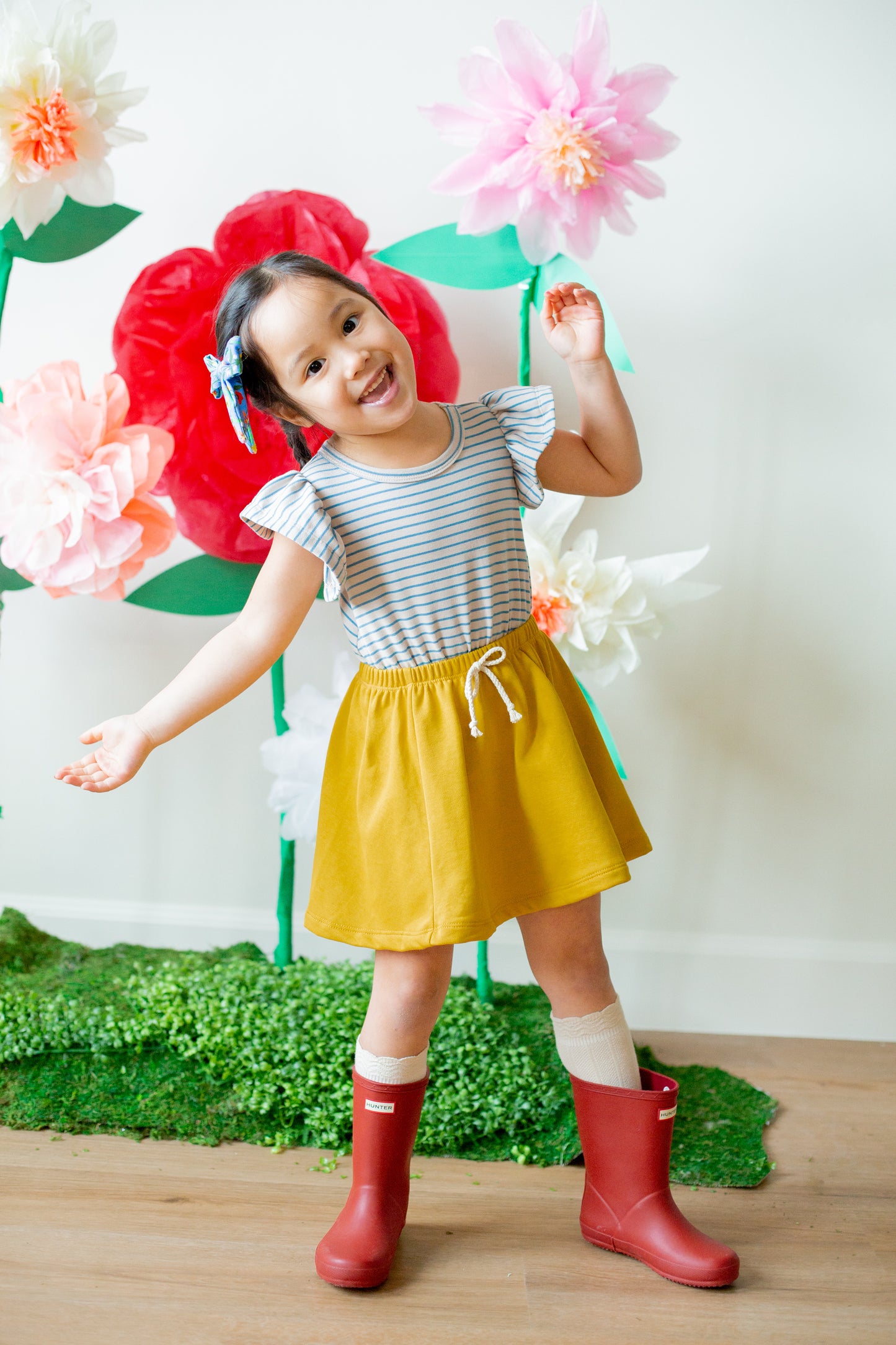 Misty Stripe and Bumblebee Flutter Sleeve Dress