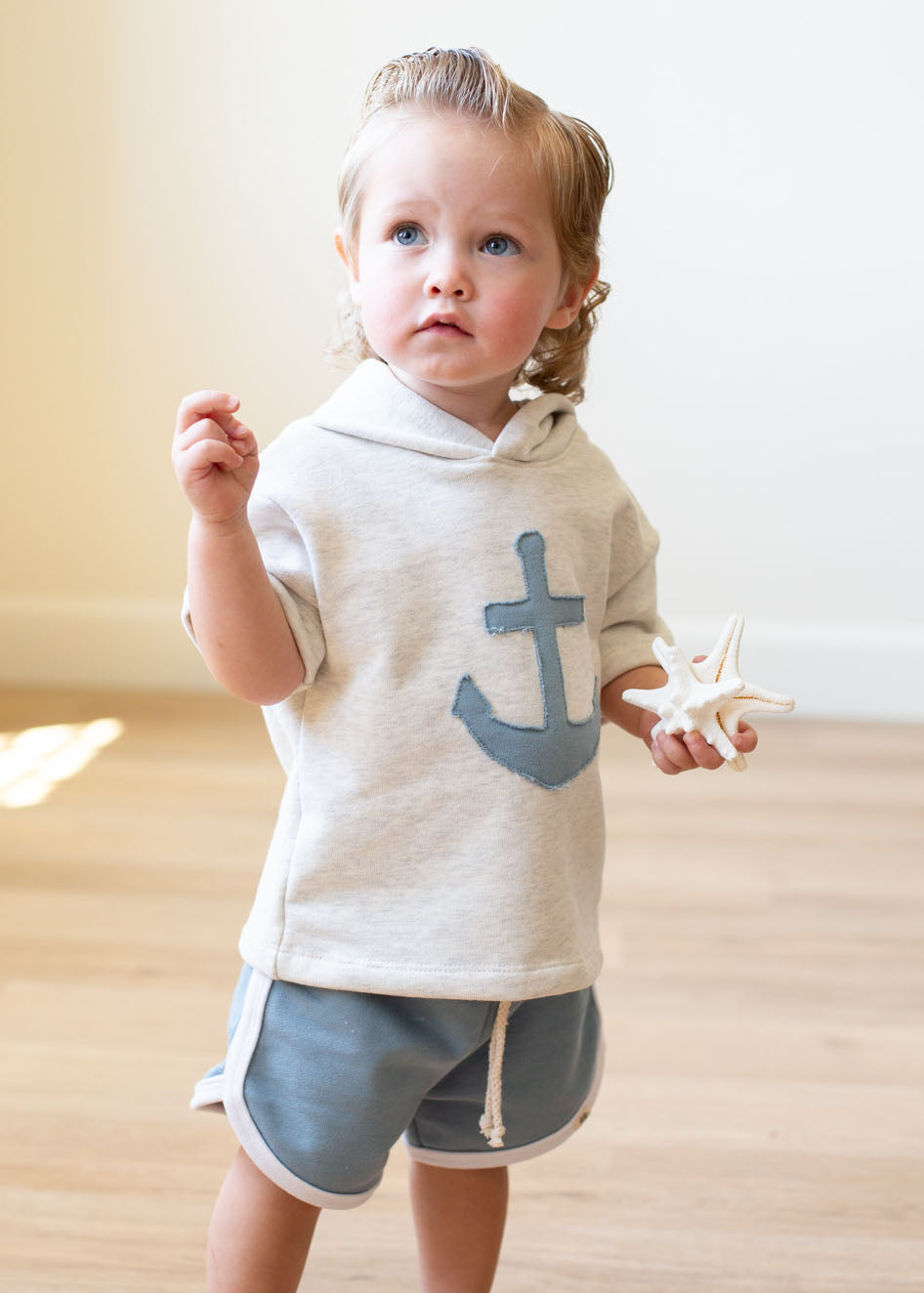 Heathered Cream Short Sleeve Anchor Patch Hoodie