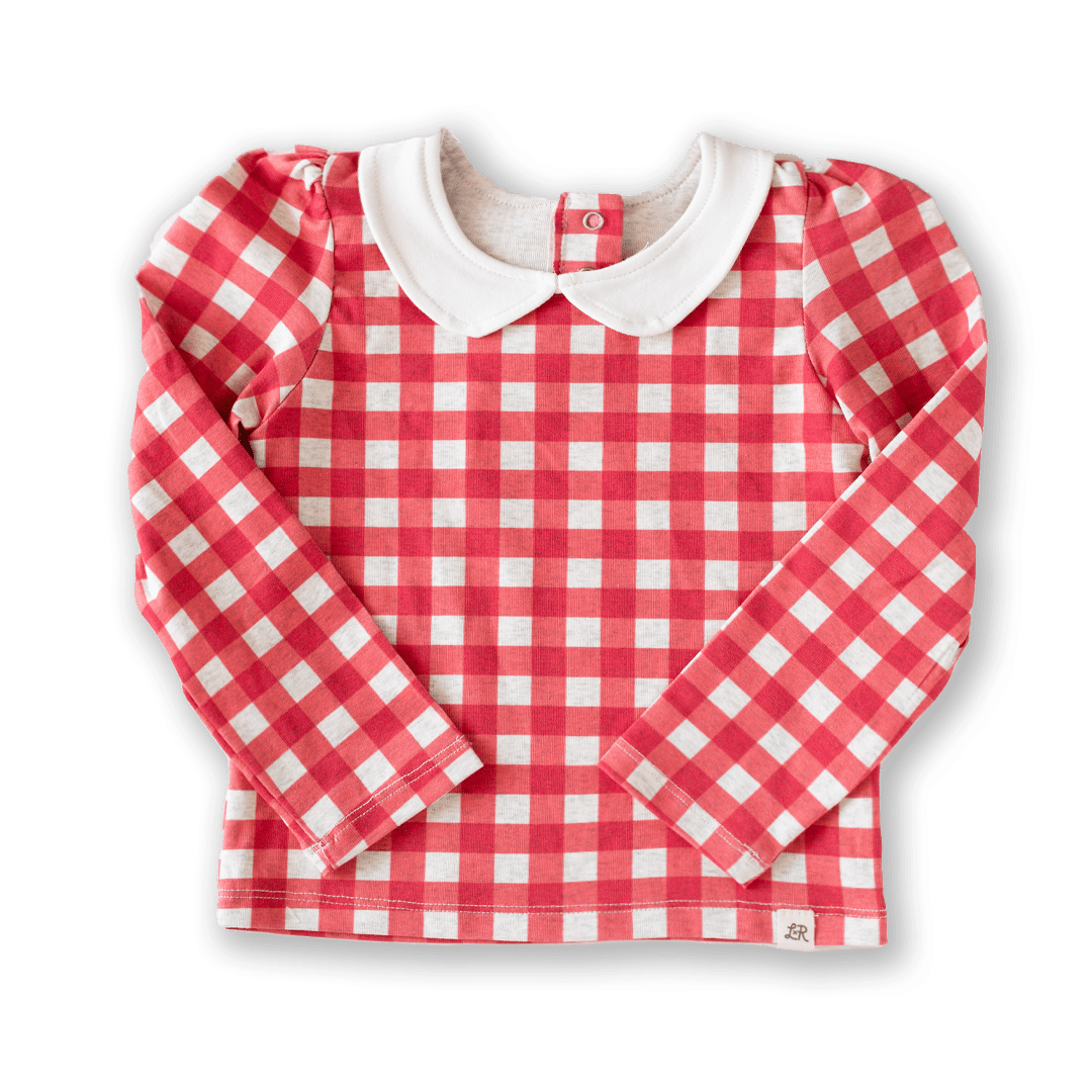 Cherry Check Long Sleeve Peter Pan Collar Top - Little Road Co.
